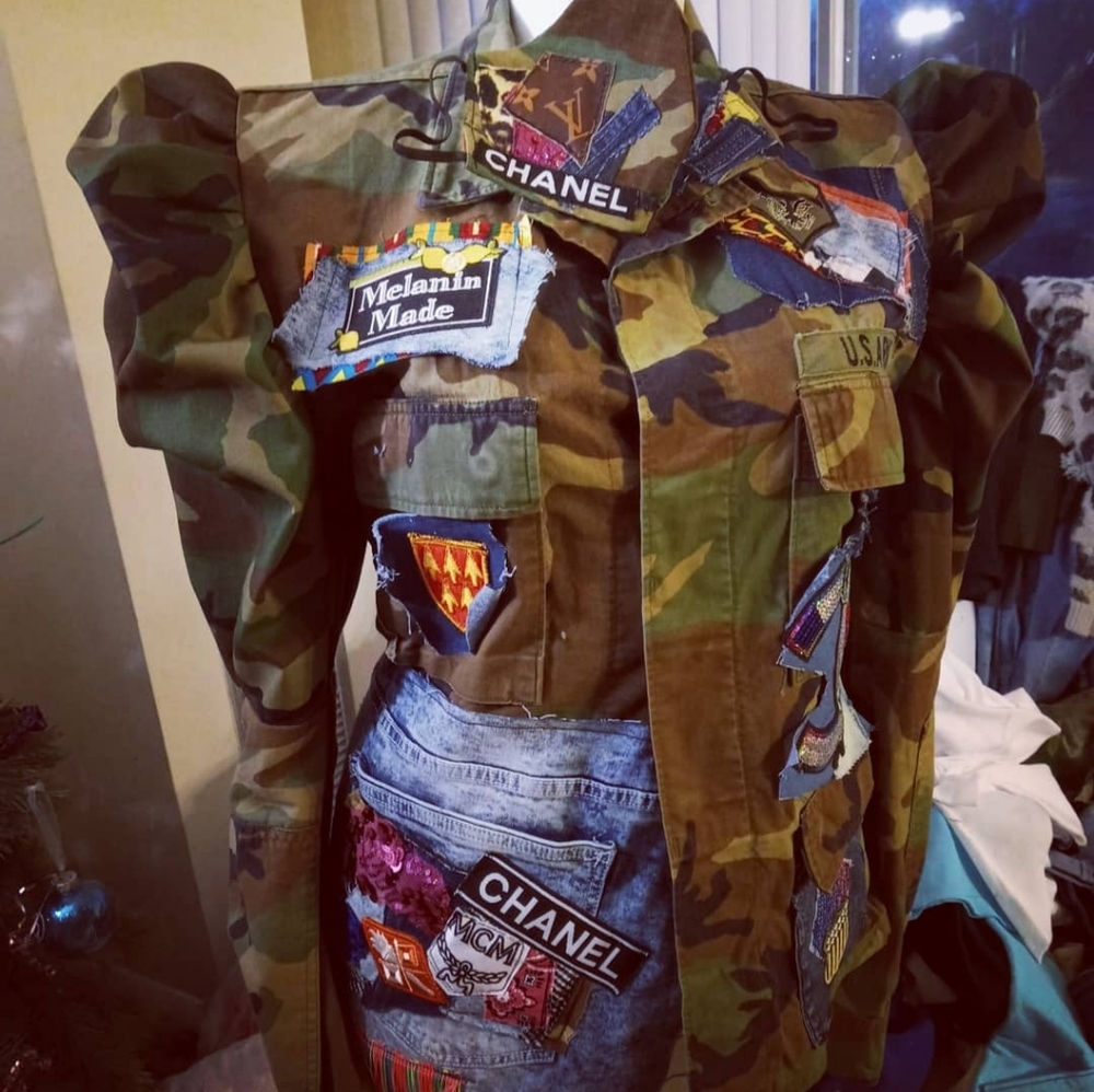 Upcycled puff sleeve camo jacket